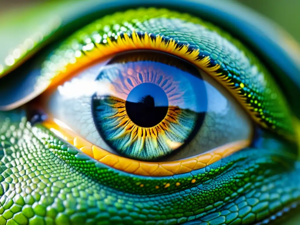 La imagen muestra el ojo detallado de un reptil, con escamas y colores vibrantes