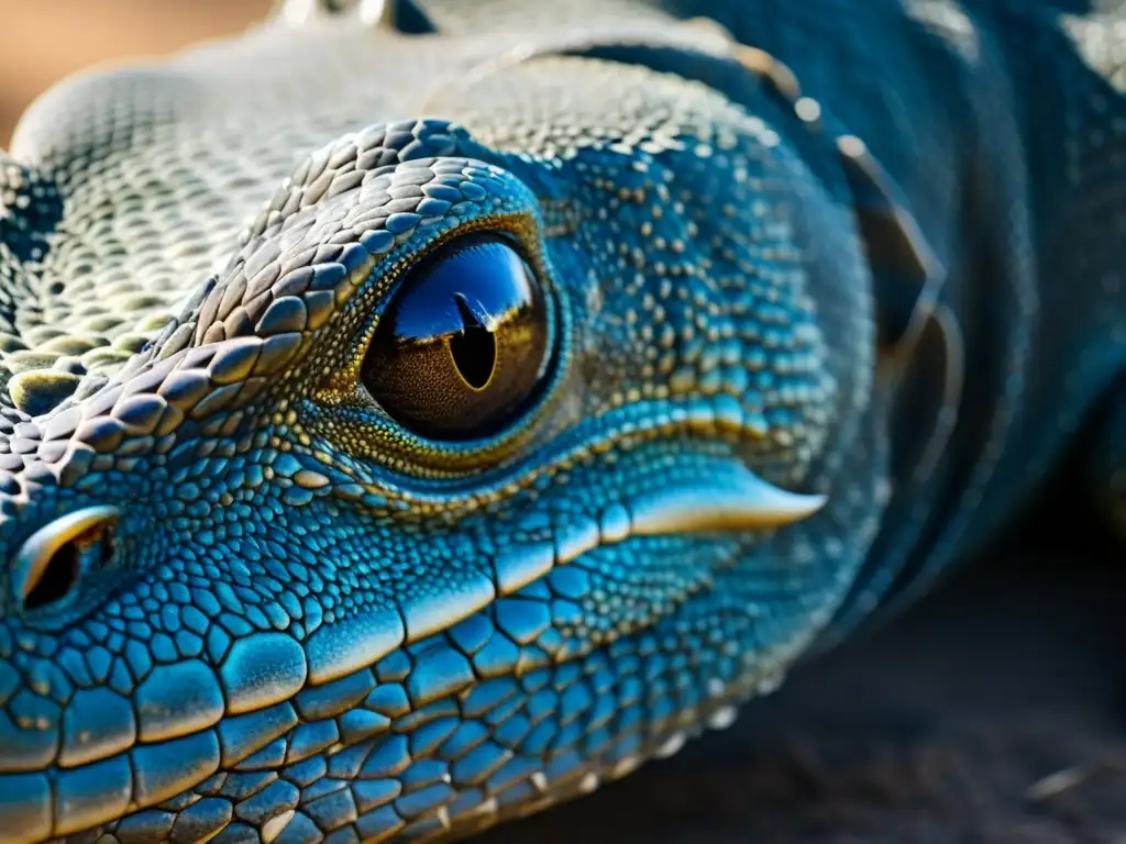 La imagen muestra el ojo de un dragón de Komodo, con escamas detalladas y una mirada penetrante