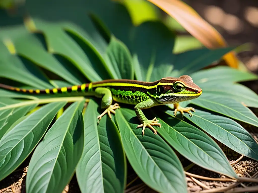 Una imagen de un parque urbano con exuberante vegetación donde un pequeño lagarto se camufla entre las hojas