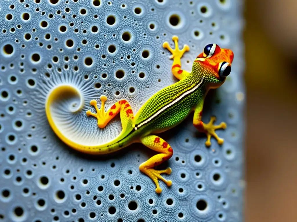 La imagen muestra una pata de gecko en acción, destacando las técnicas de escalada gecko con sus intrincados detalles y adaptaciones naturales