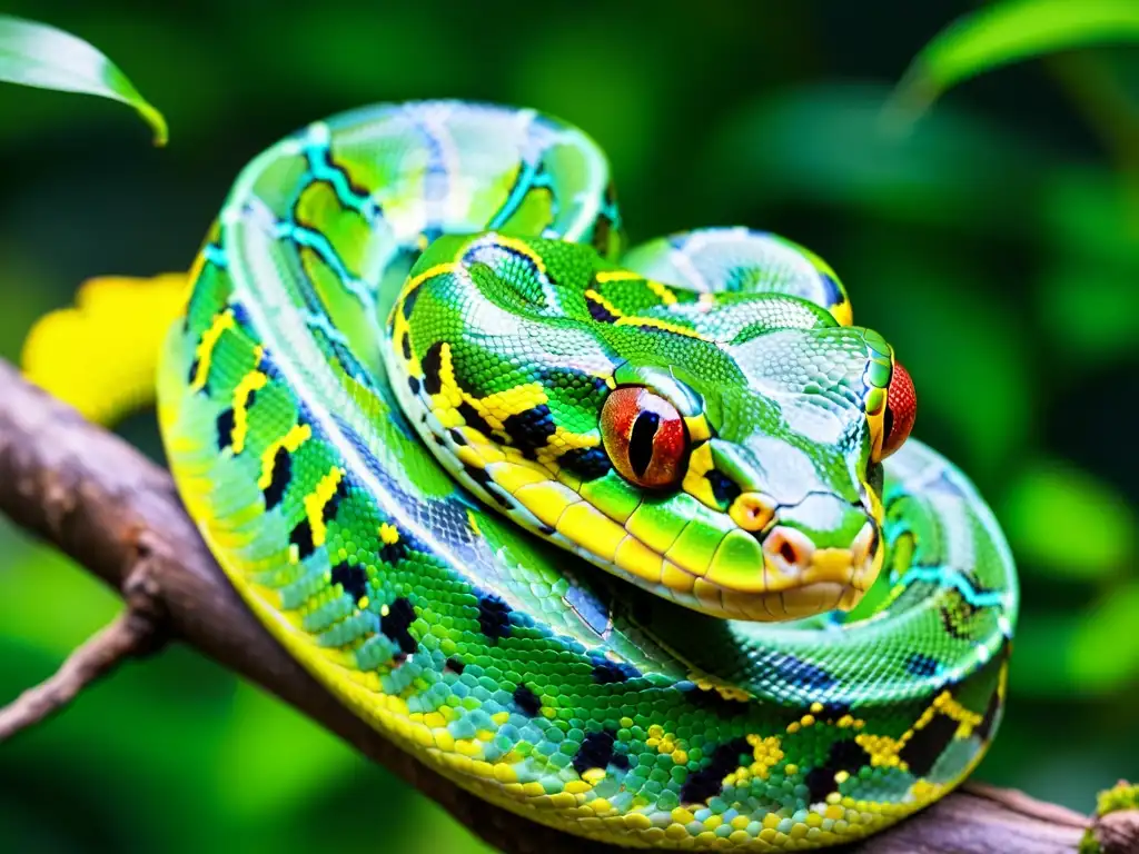 Imagen de una pitón arborícola verde vibrante en la selva tropical, mostrando la importancia de reptiles en biodiversidad