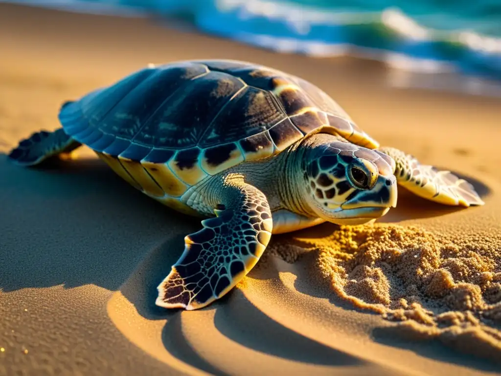 Imagen de una tortuga carey anidando en la playa en la noche, iluminada por la suave luz de la luna