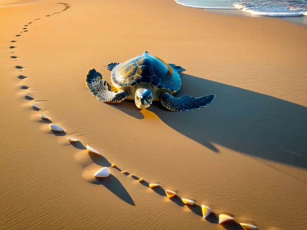 Imagen de una playa al amanecer, con una tortuga marina devuelta al mar