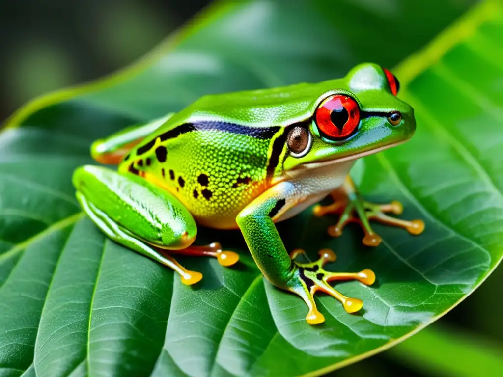 Imagen en primer plano de una vibrante rana verde posada en una hoja, con textura y coloración claramente visibles