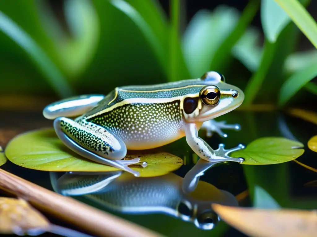 Imagen de una rana africana de uñas nadando con gracia en su hábitat natural, evocando fascinación por la conservación de reptiles y anfibios