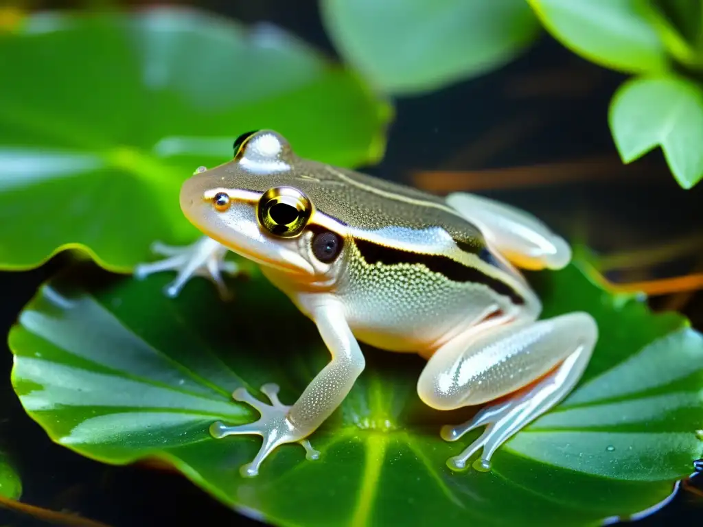 Imagen de alta resolución de una rana africana de uñas (Xenopus laevis) parcialmente sumergida en su hábitat natural, con plantas acuáticas vibrantes