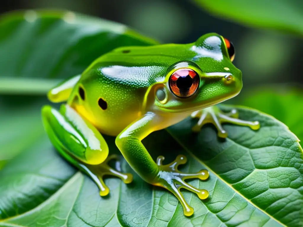 Imagen de una rana de cristal en su hábitat natural, mostrando sus órganos internos y su piel transparente