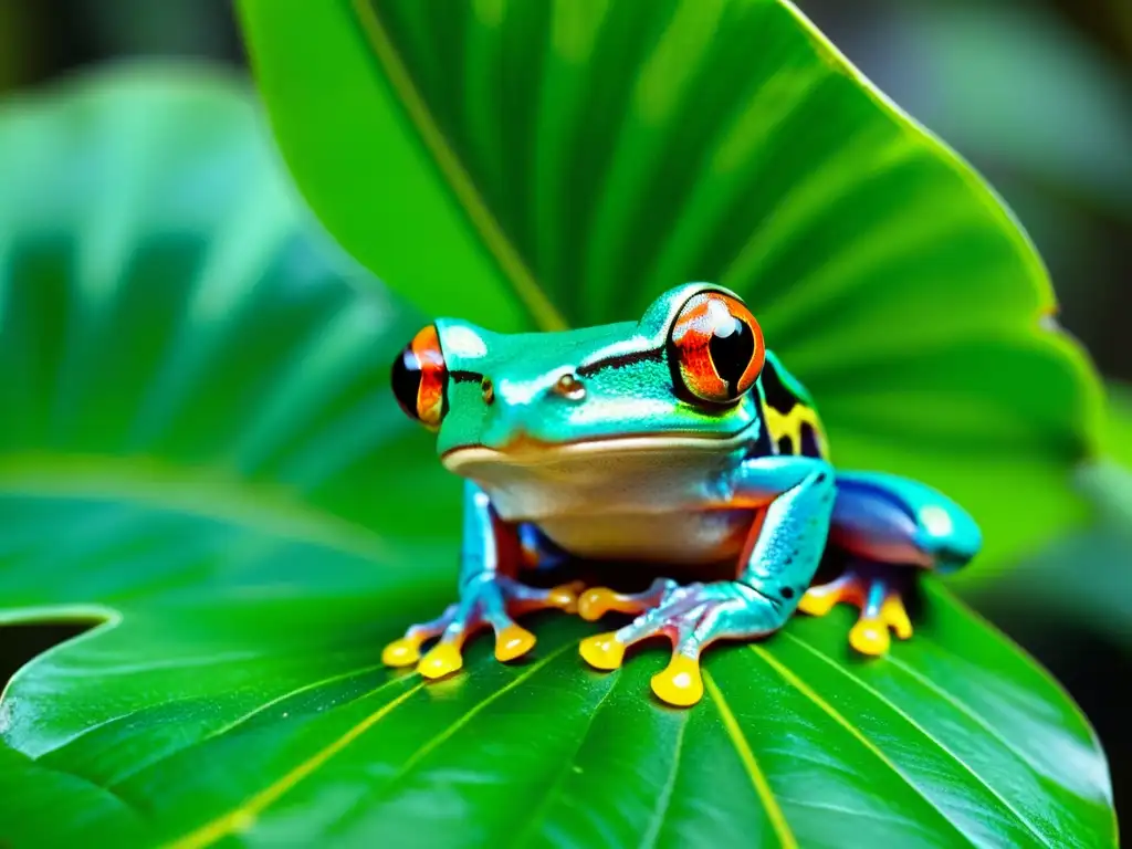 Imagen de una rana de ojos rojos vibrantes en la selva tropical