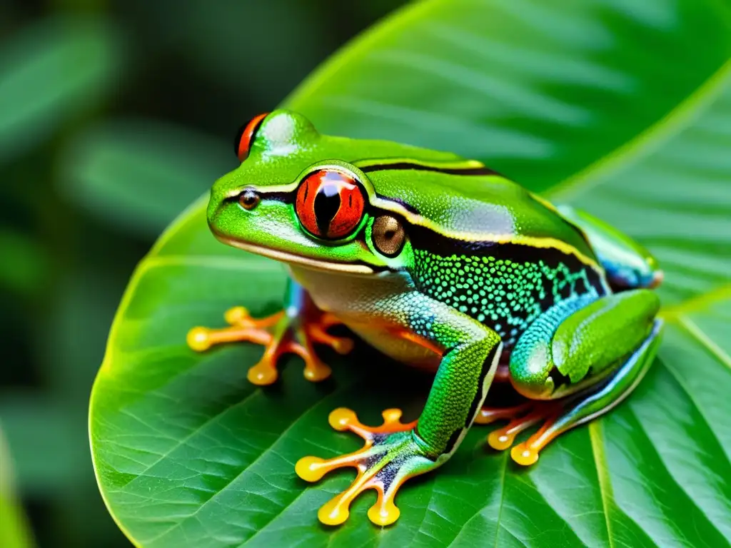 Imagen de una rana de ojos rojos en la selva tropical, resaltando la importancia del sonido en anfibios