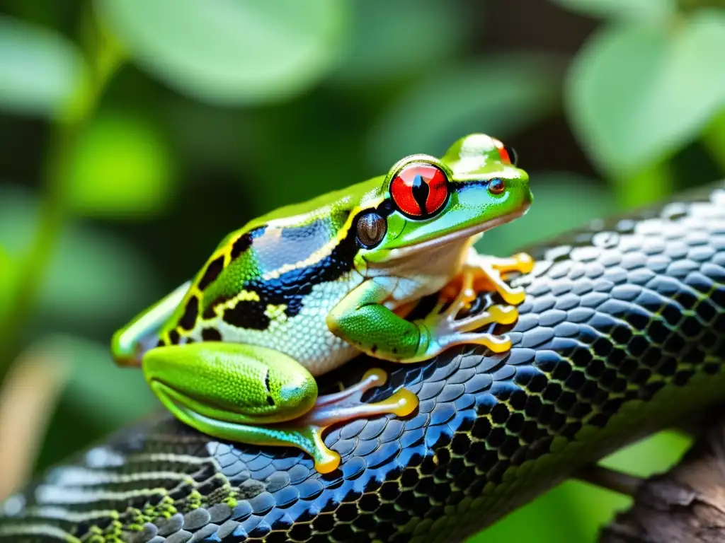Simbiosis reptil: rana arborícola y pitón Imagen de rana arborícola verde camuflada sobre pitón en árbol, ejemplo de comensalismo en reptiles y anfibios