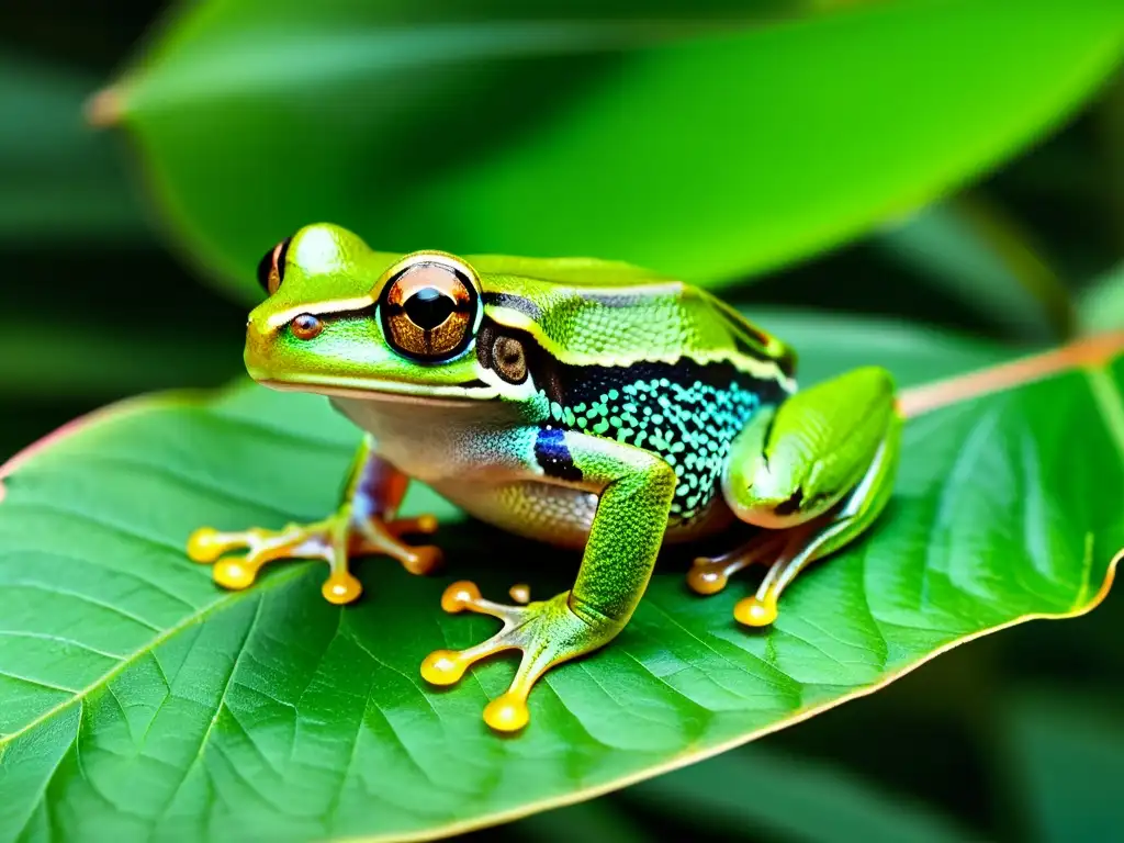 Imagen de una rana arbórea verde descansando en una hoja, mostrando su piel brillante y sus ojos distintos