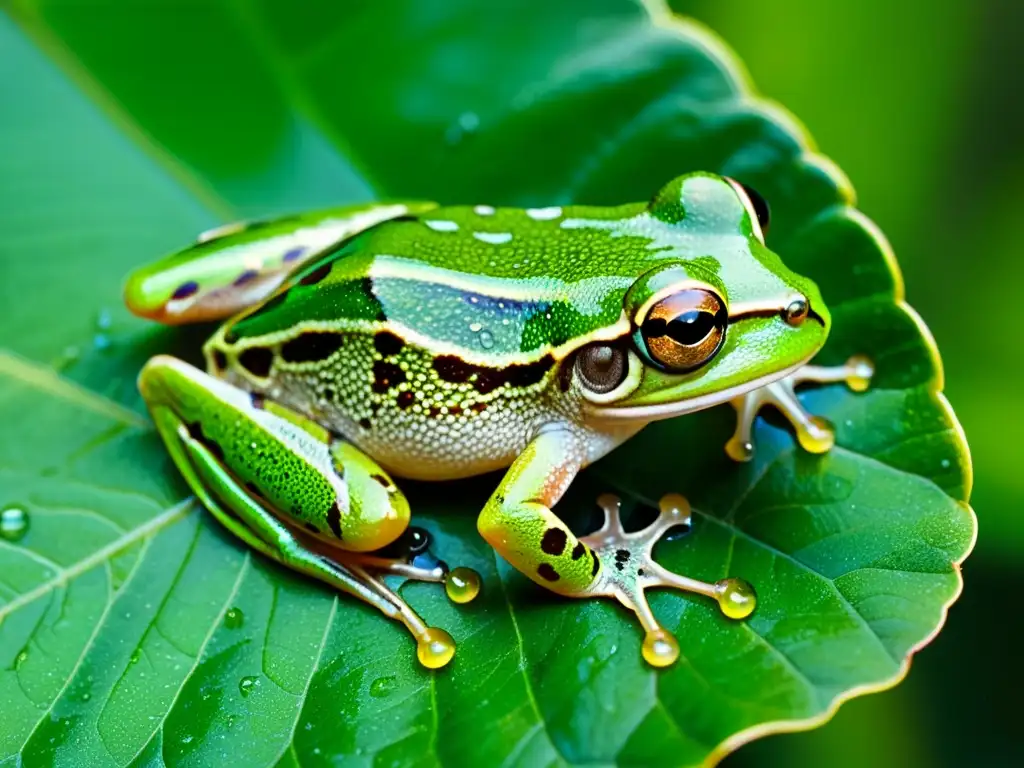 Imagen de una rana verde en hoja brillante con gotas de agua, resaltando la relación vital entre ciclo del agua y anfibios en la exuberante selva