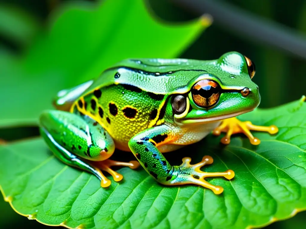 Imagen de alta resolución de una rana arbórea verde vibrante, con detalles asombrosos y técnicas de fotografía para reptiles