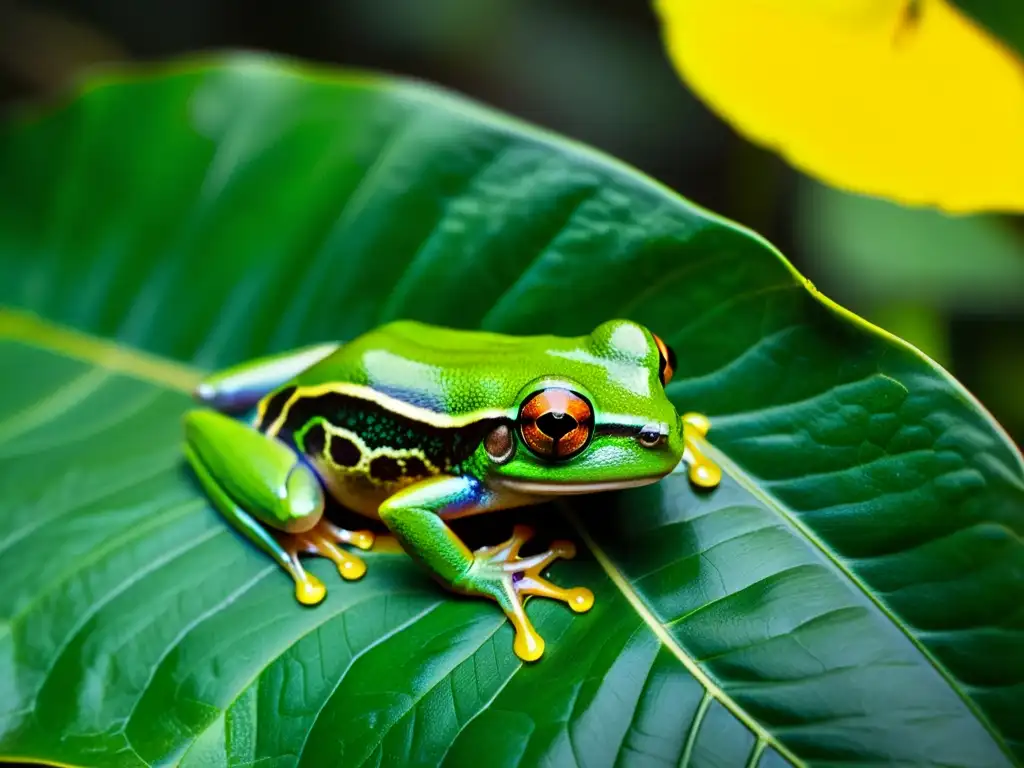 La imagen muestra a una rana arbórea verde vibrante en la densa selva