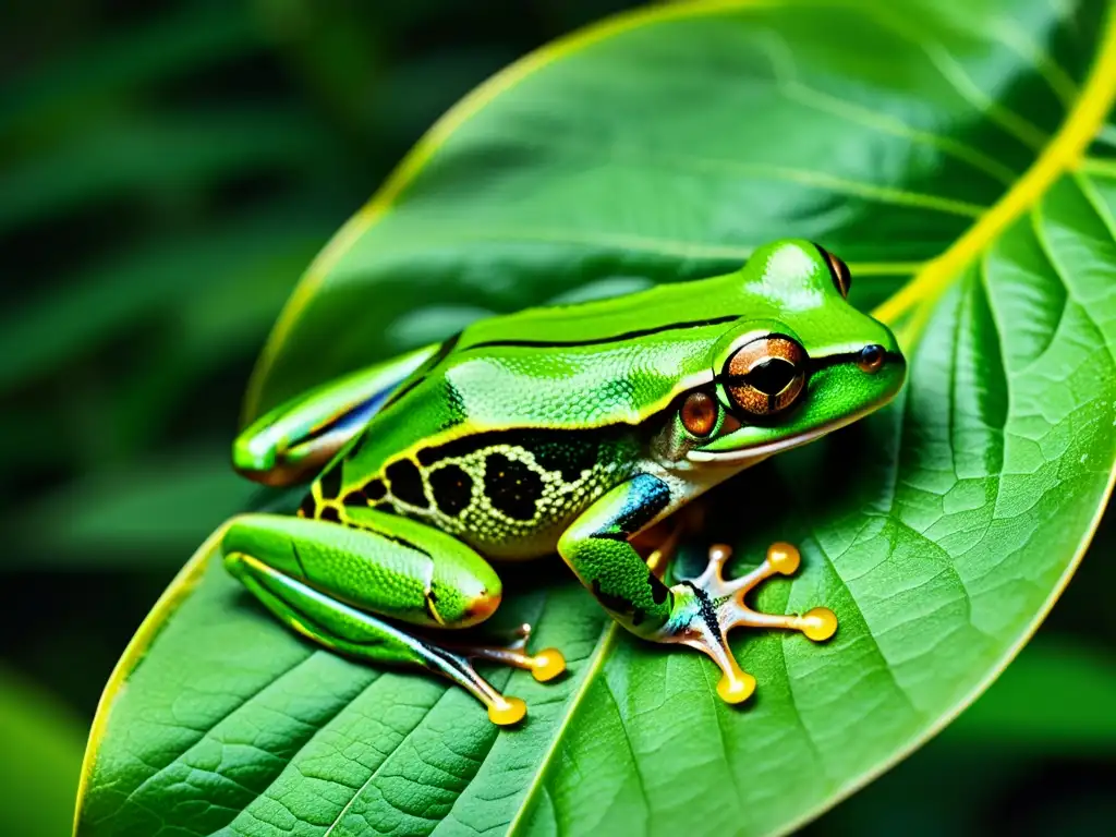 Imagen de alta resolución de una rana arbórea verde vibrante aferrada a una hoja en la exuberante selva