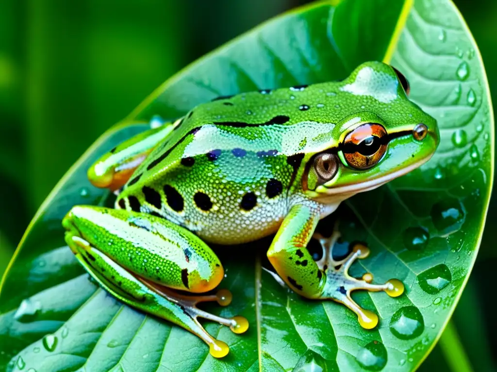 Imagen de una rana arbórea verde vibrante, con gotas de lluvia en su piel translúcida