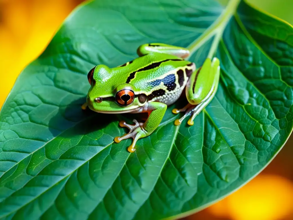 Imagen de una rana arbórea verde vibrante en su hábitat natural, con patrones y texturas detalladas en su piel