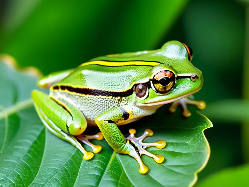 Imagen de alta resolución de una rana arbórea verde vibrante descansando en una hoja, con patrones y texturas detalladas en su piel translúcida