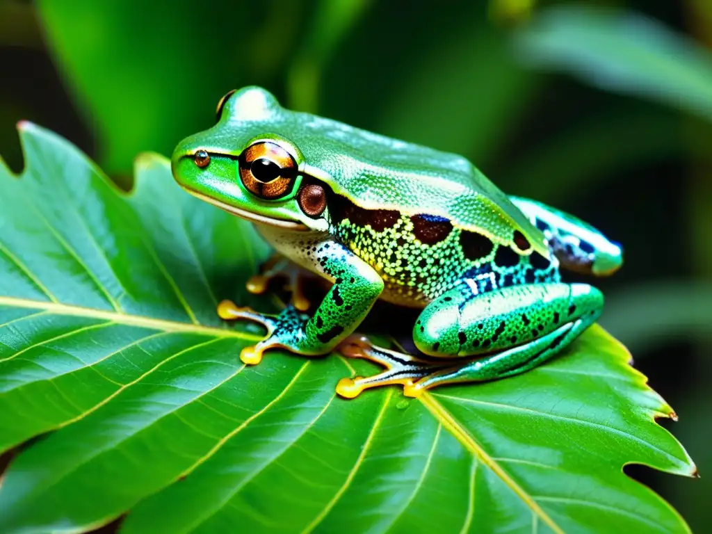 Imagen de una rana arbórea vibrante en la selva tropical, evocando la conservación de reptiles y anfibios en su hábitat natural