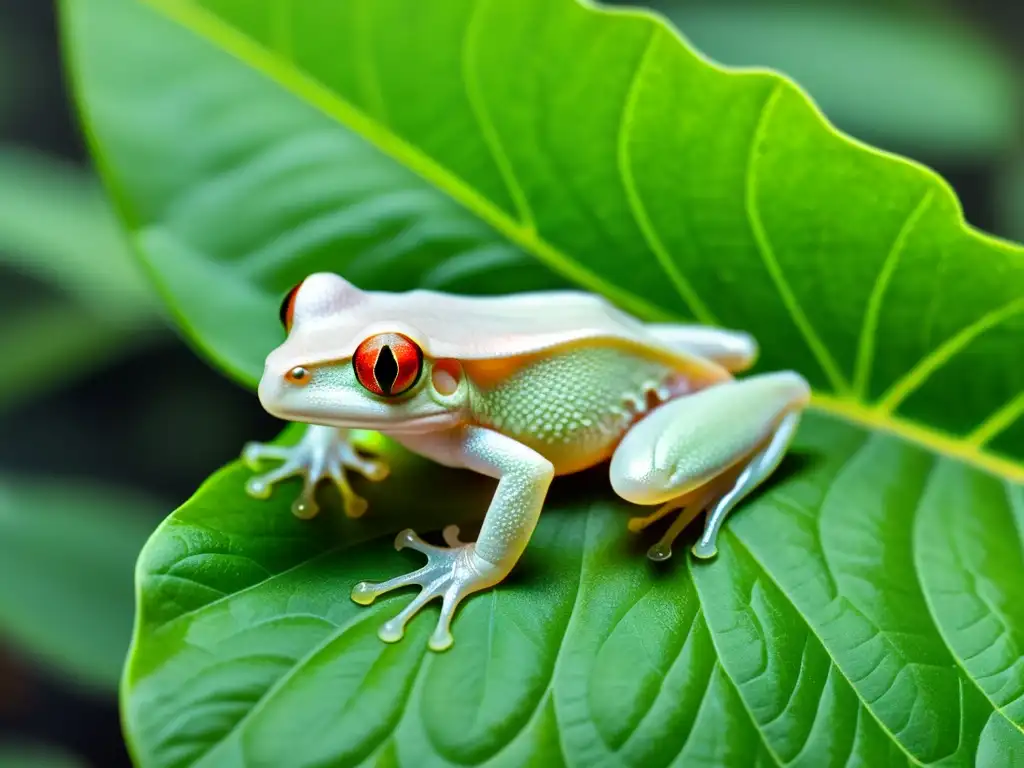 Imagen de un raro anfibio albino posado en una hoja verde, mostrando su piel traslúcida y ojos rosados