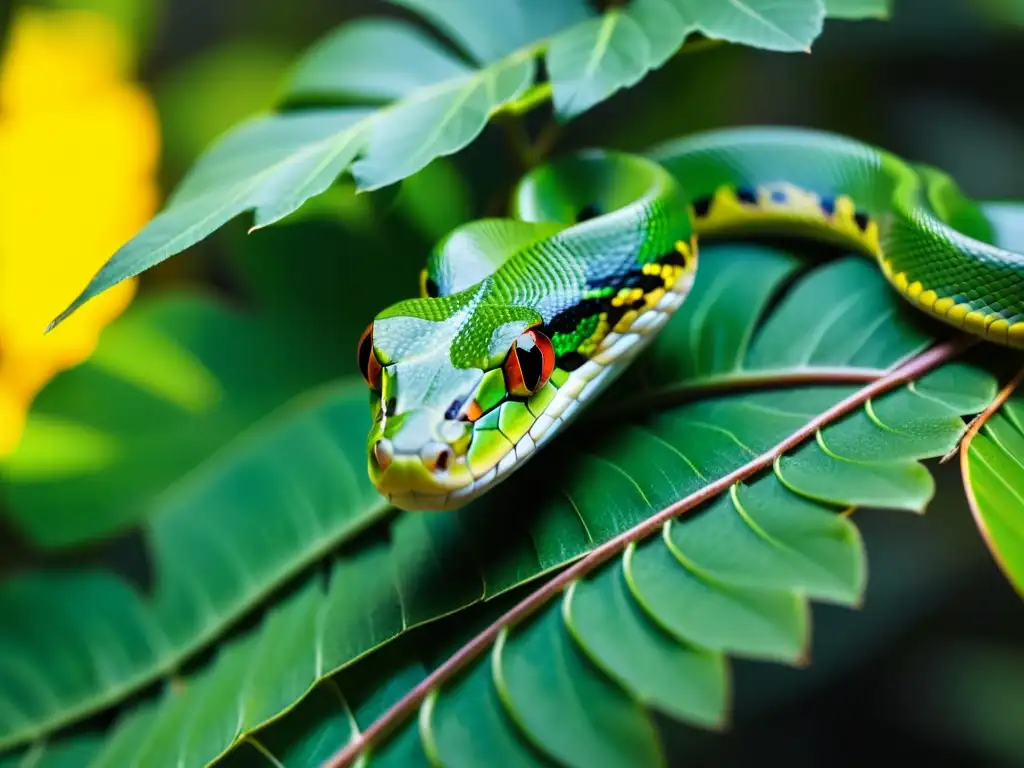 Imagen de una relación simbiótica entre reptiles y plantas, con una serpiente y enredadera verde en la selva