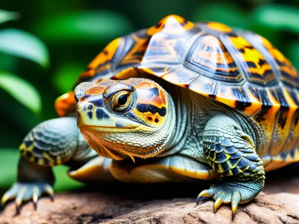 Imagen de reptil anciano bajo lámpara de calor, rodeado de rocas y plantas