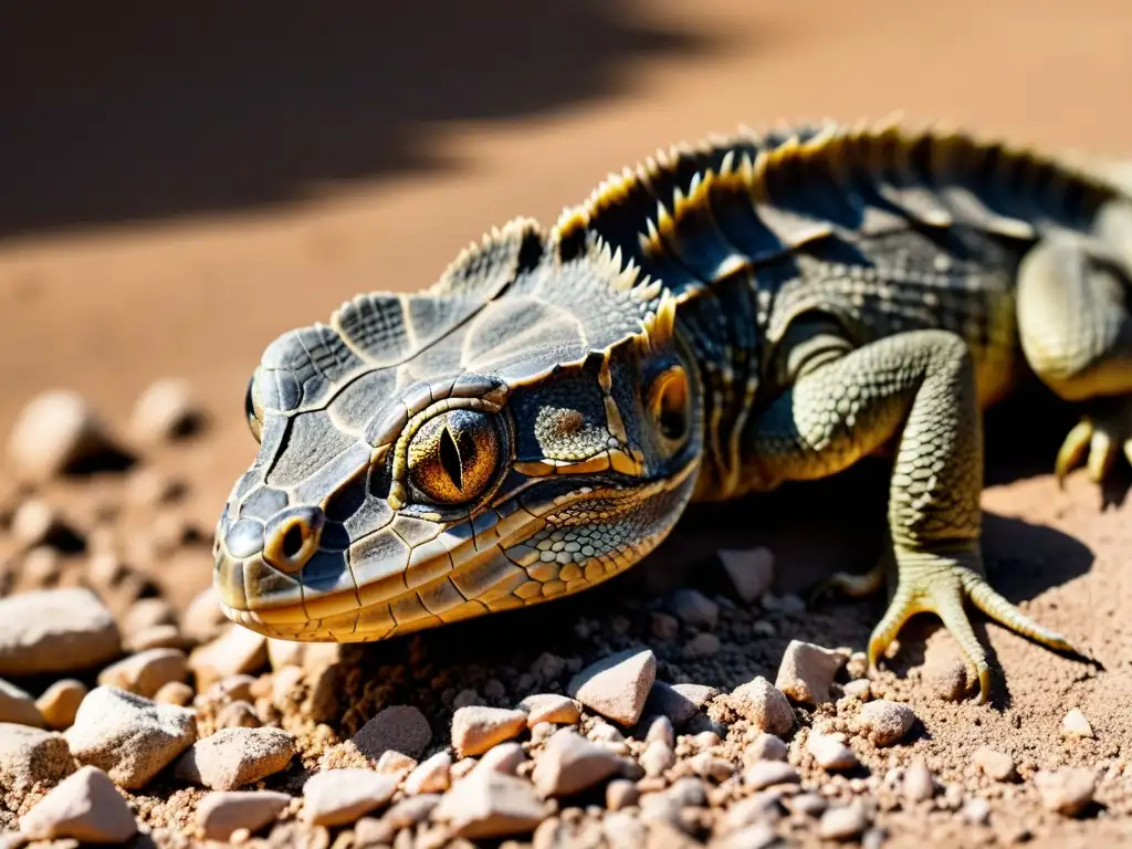 Imagen de un reptil deshidratado con piel agrietada y ojos hundidos, en un entorno árido