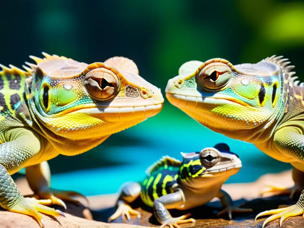 Imagen de reptiles acuáticos en pleno cortejo, con escamas iridiscentes y técnicas de apareamiento reptiles acuáticos