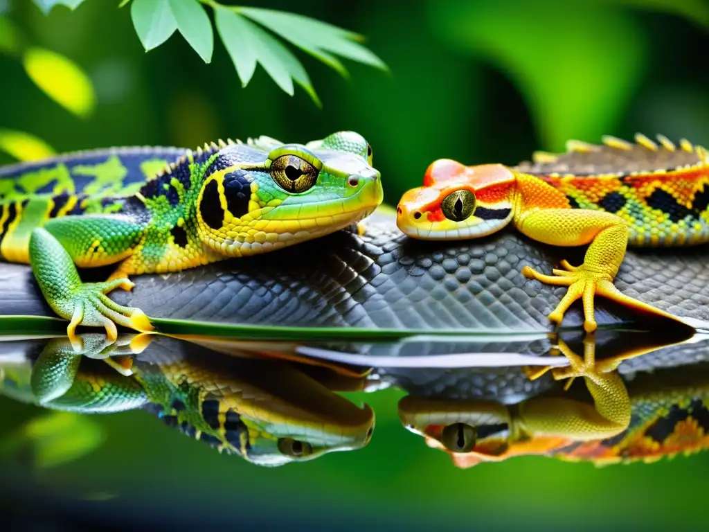 Imagen de reptiles y anfibios en su hábitat natural, mostrando diversidad de especies y evocando la integración de herpetología en educación