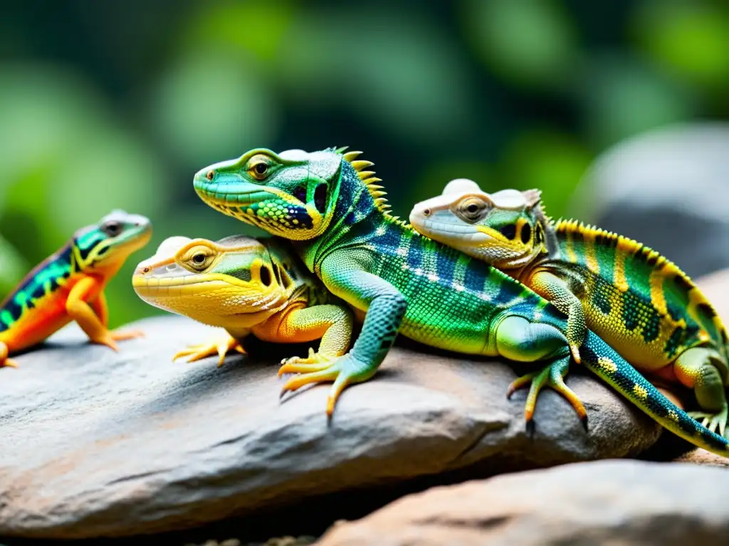 Imagen de reptiles en comportamiento lúdico, mostrando colores vibrantes y textura de piel, capturando su esencia juguetona