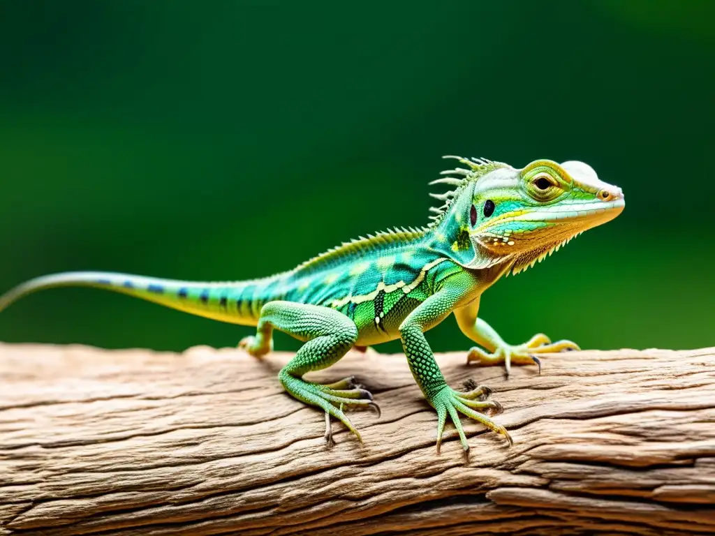 Una imagen de alta resolución muestra un lagarto basilisco verde en pleno movimiento, destacando la biomecánica de su carrera con asombroso detalle