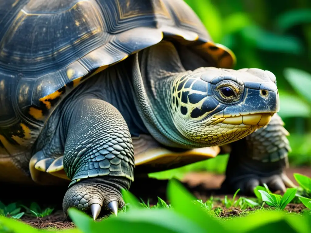 Una imagen de alta resolución de una tortuga Galápagos sabia, con su caparazón adornado con patrones y texturas, rodeada de exuberante vegetación