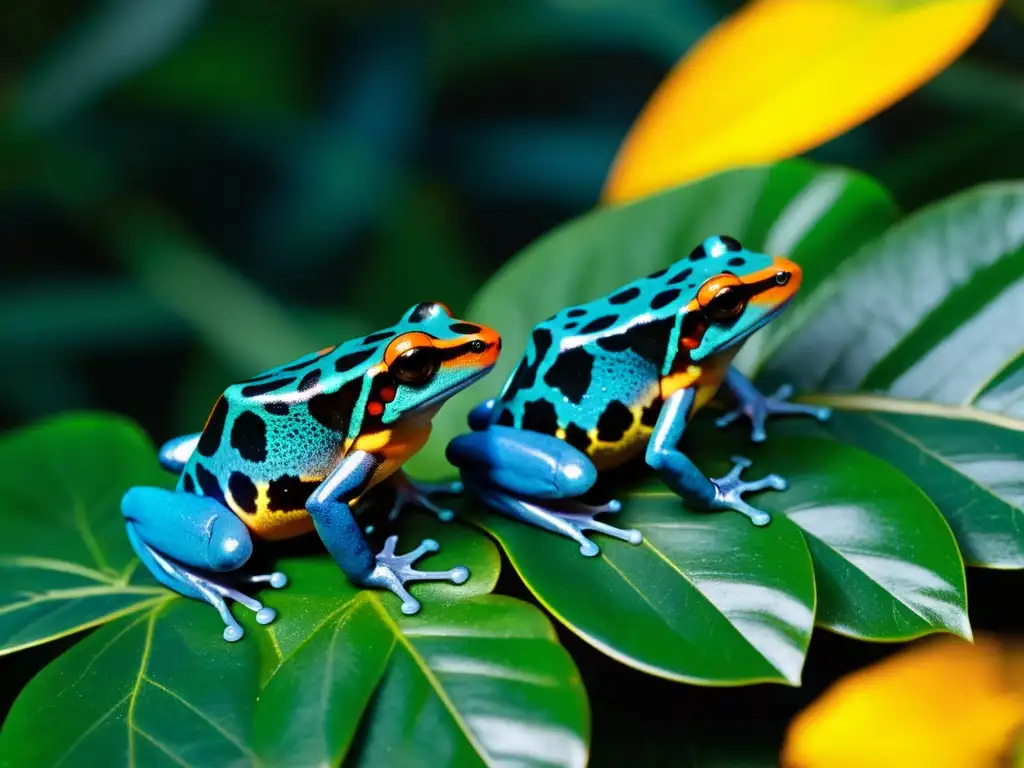 Imagen de sapos venenosos en su hábitat natural, con colores brillantes y texturas detalladas