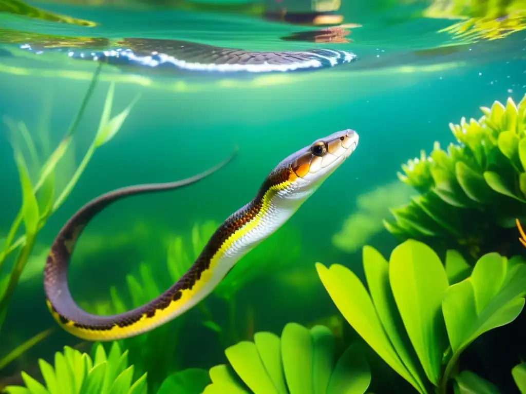 Imagen de serpiente de agua dulce en su hábitat natural, reflejando la belleza y la importancia de la conservación del ecosistema acuático