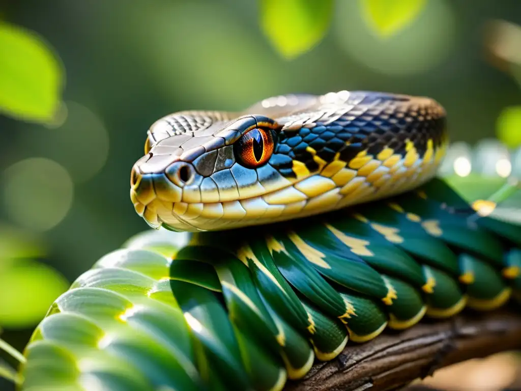 Imagen en 8k de una serpiente en un árbol, con sus escamas brillantes mientras observa cautelosa a un depredador cercano