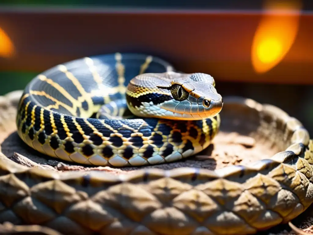 Imagen de una serpiente de cascabel rehabilitada bajo lámpara cálida