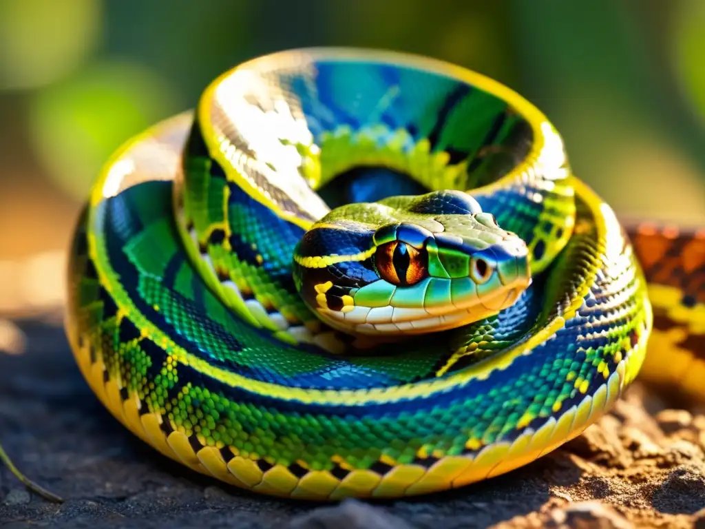 Imagen de una serpiente enroscada con escamas vibrantes, resaltando la diversidad genética y los patrones únicos de su piel bajo la luz del sol