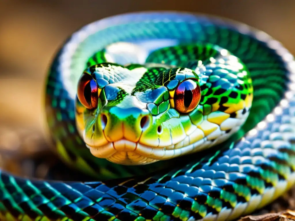 Imagen de serpiente enroscada con escamas vibrantes, lista para atacar