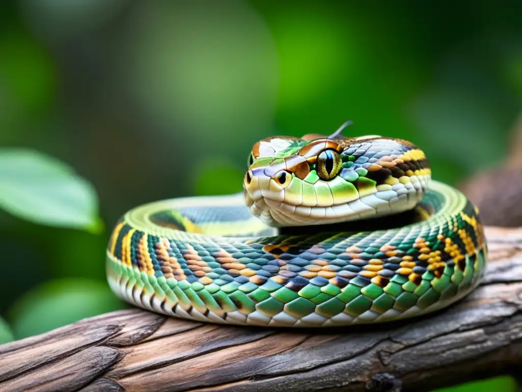 Imagen de serpiente enroscada en rama, escamas detalladas en tonos verdes y marrones, lenguaje corporal reptiles señales interpretar