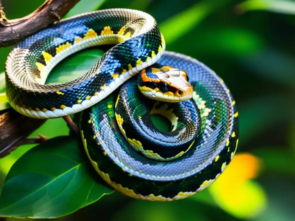 Imagen de una serpiente venenosa en un bosque tropical, resaltando la conservación de reptiles venenosos y ecosistemas