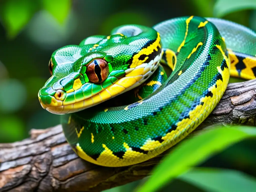 Imagen de una serpiente pitón verde enroscada en una rama de árbol, mostrando sus vibrantes escamas y patrones oculares