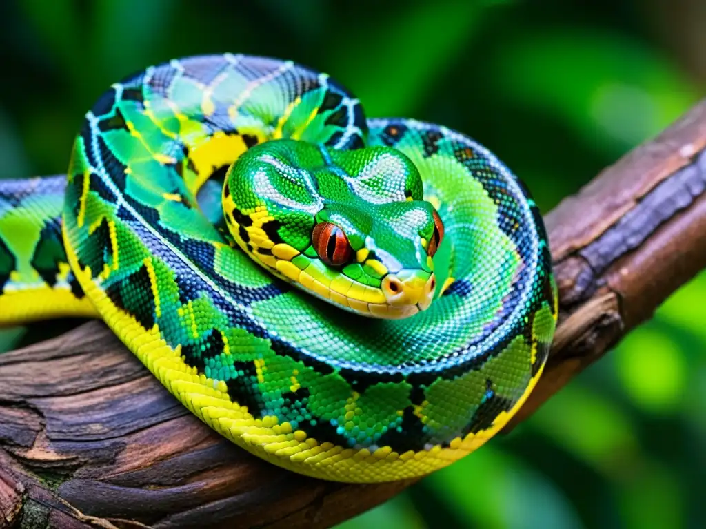 Imagen de una serpiente pitón verde en la selva tropical, resaltando la importancia de los reptiles en la conservación de ecosistemas