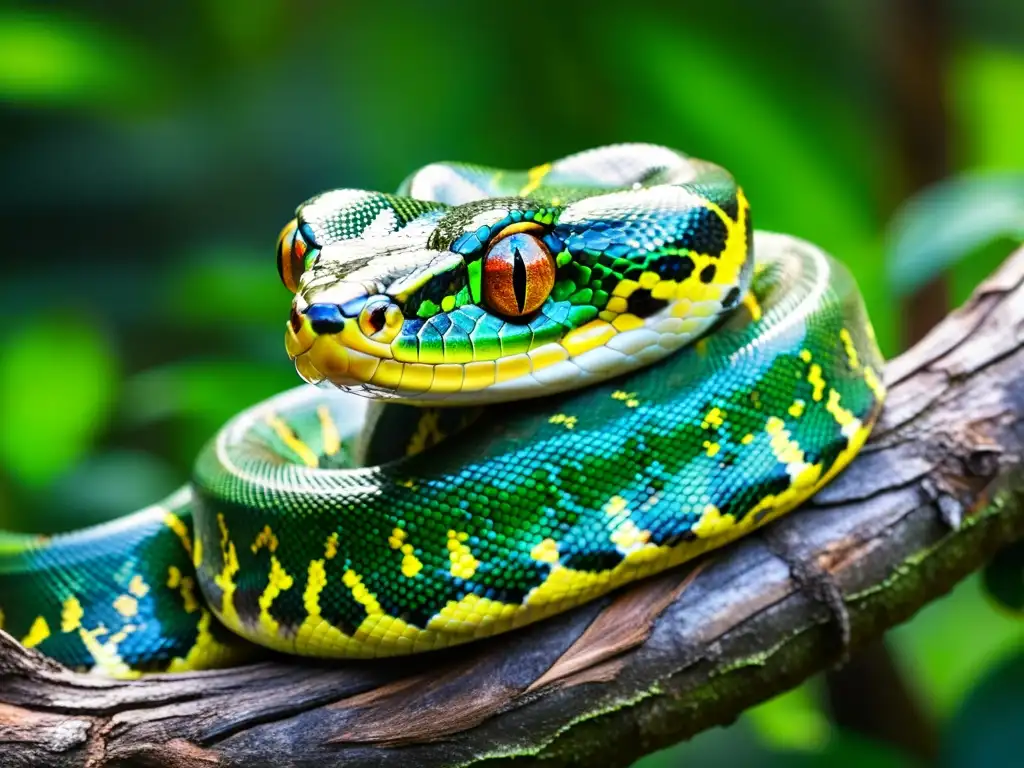 Imagen de una serpiente pitón verde en la selva, con tenencia de reptiles en zonas protegidas