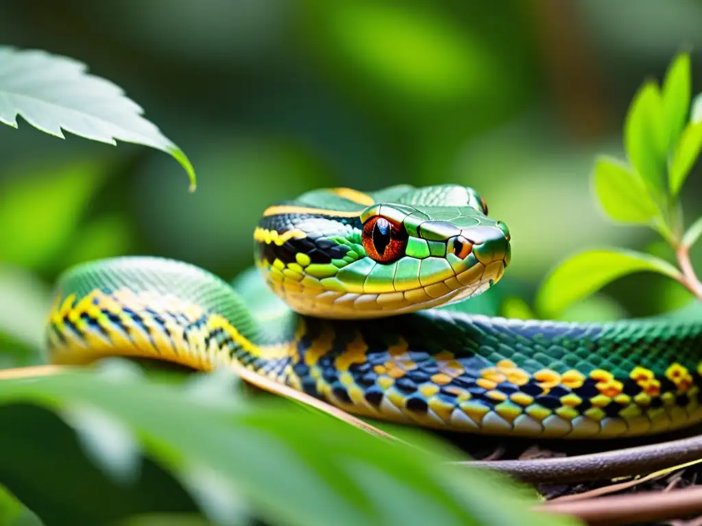 Imagen de serpiente vibrante entre vegetación, detalle de escamas y diversidad de especies