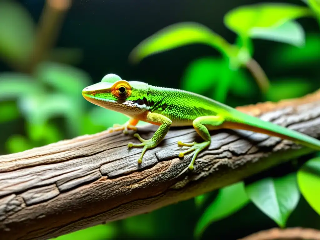 Imagen de terrario exuberante con anolis verde, mejorando calidad vida reptil