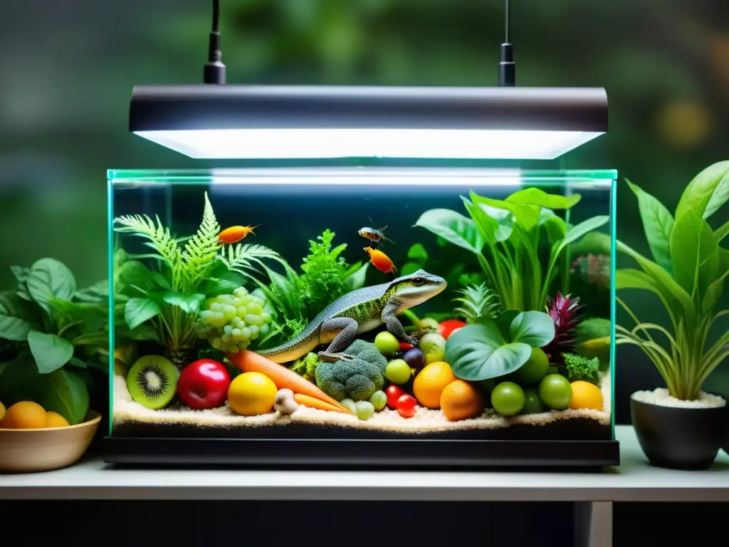 Imagen en 8k de un terrario de reptiles con dieta balanceada para reptiles omnívoros, frutas, verduras e insectos frescos