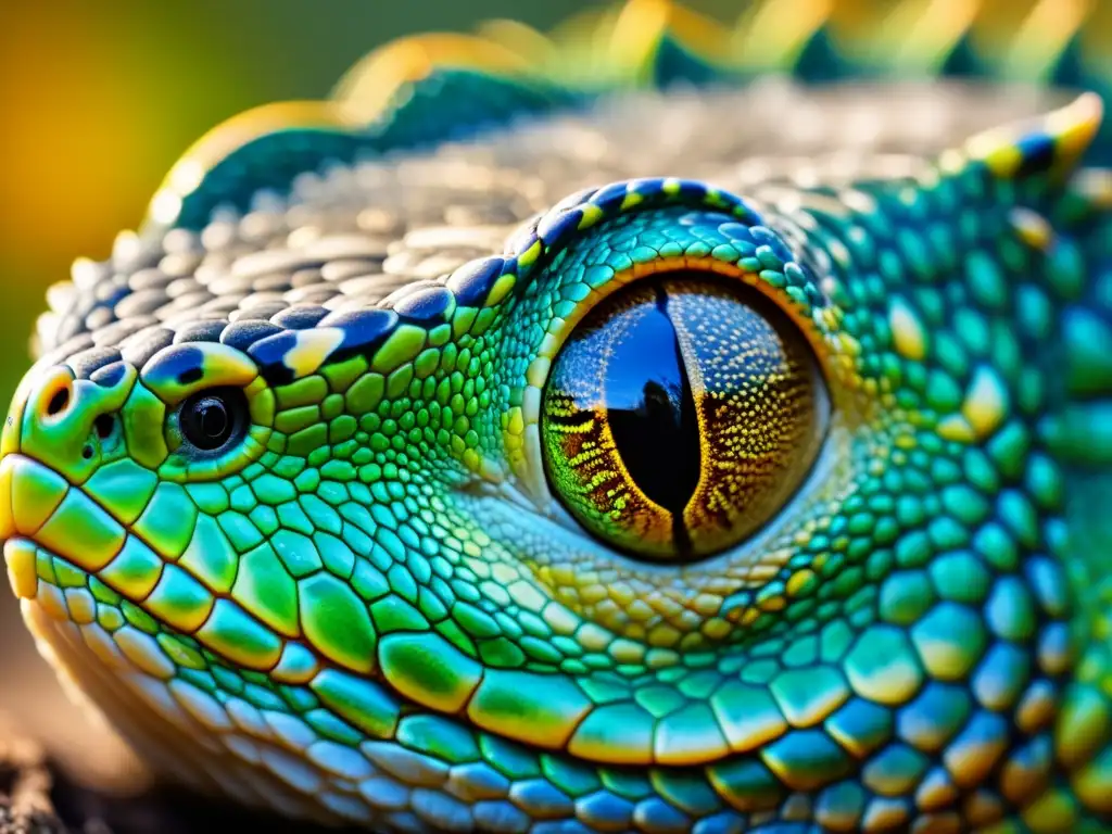 La imagen muestra la textura detallada y los patrones de la piel de un reptil, con un enfoque en su ojo, transmitiendo la intensidad de su mirada