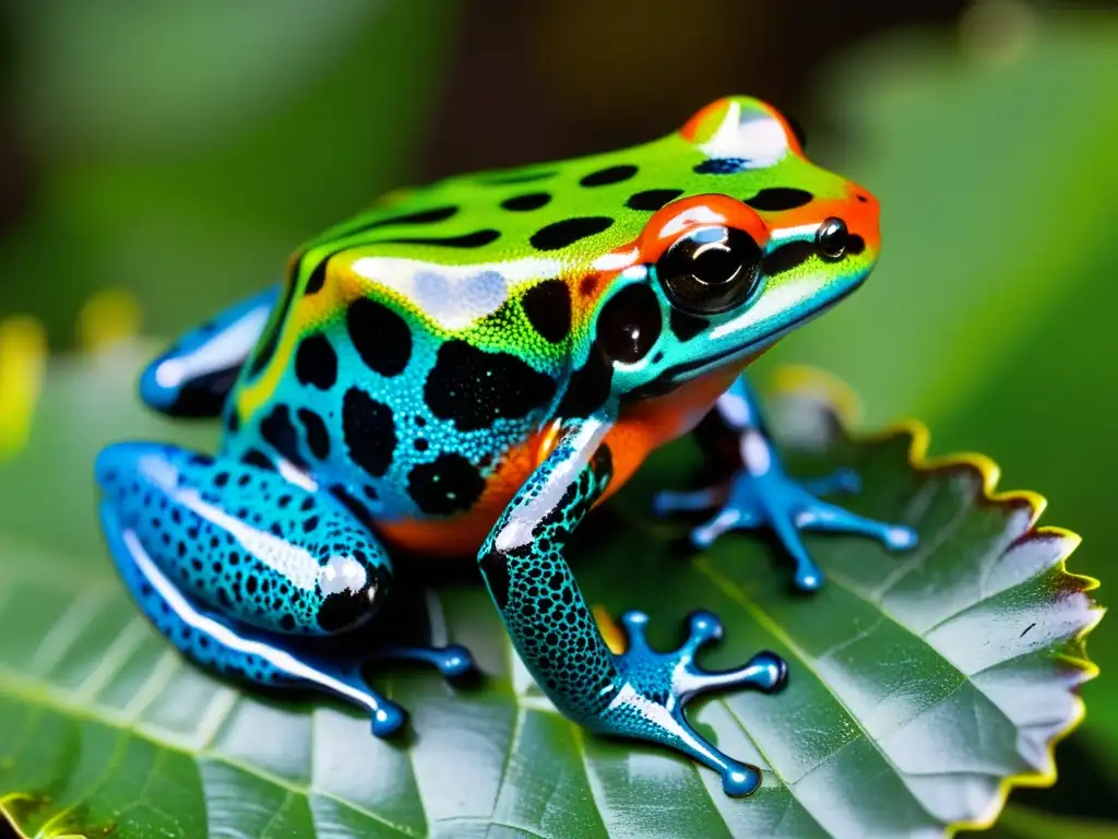 La imagen muestra la textura única de la piel de una rana flecha venenosa, destacando sus colores vibrantes y patrones intrincados