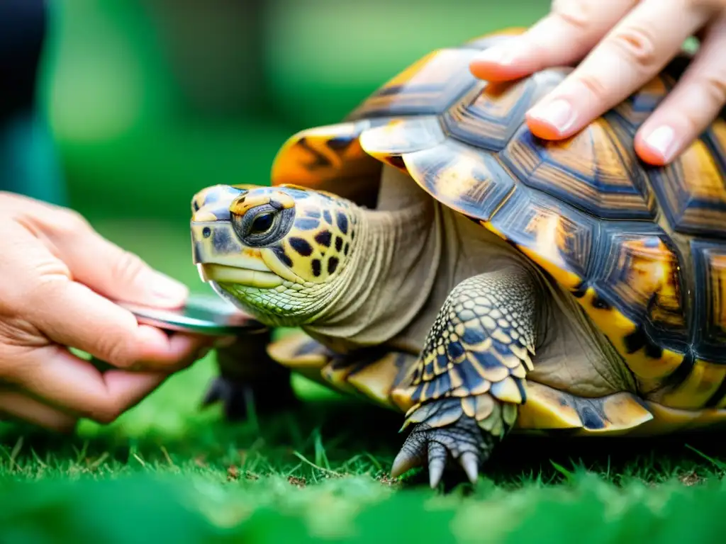 Imagen de una tortuga anciana siendo examinada con cuidado por un veterinario en una clínica cálida y bien iluminada