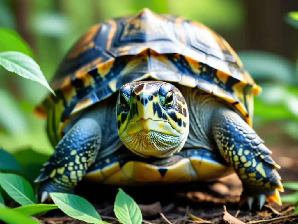 Imagen de una tortuga mayor navegando serenamente por el bosque, destacando la importancia de un ambiente saludable para reptiles mayores